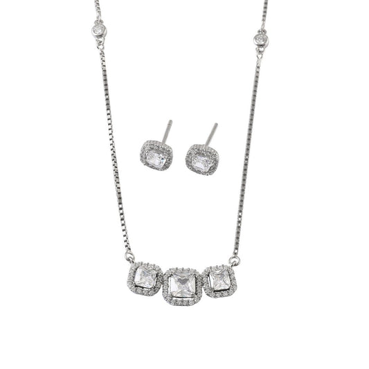 925 Silver Square Halo Necklace & Stud Earrings Set - Zirak Silver