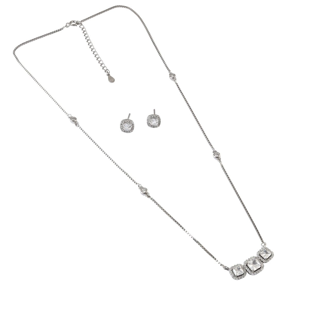925 Silver Square Halo Necklace & Stud Earrings Set - Zirak Silver