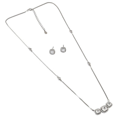 925 Silver Square Halo Necklace & Stud Earrings Set - Zirak Silver