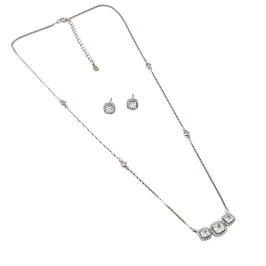 925 Silver Square Halo Necklace & Stud Earrings Set - Zirak Silver