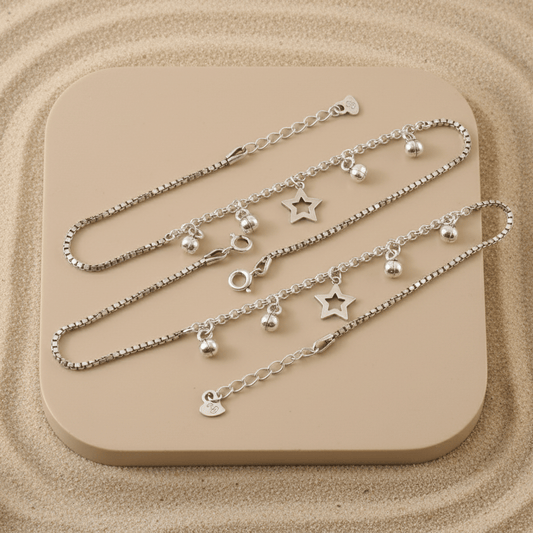 925 Silver Star Charm Anklet with Ghungroo Bells – Adjustable Women’s Payal - Zirak Silver