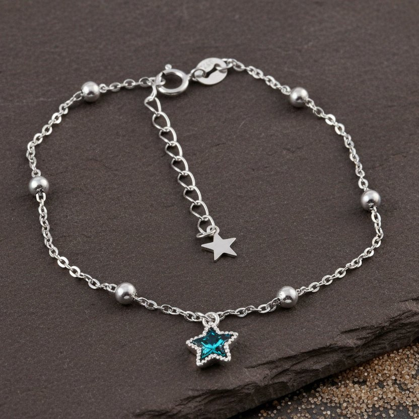 925 Silver Star Charm Bracelet with Blue Stone | Minimal Beaded Chain Bracelet - Zirak Silver