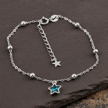 925 Silver Star Charm Bracelet with Blue Stone | Minimal Beaded Chain Bracelet - Zirak Silver