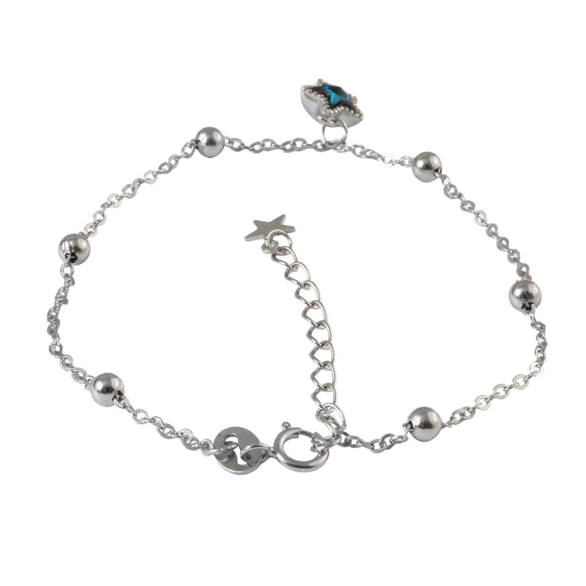925 Silver Star Charm Bracelet with Blue Stone | Minimal Beaded Chain Bracelet - Zirak Silver