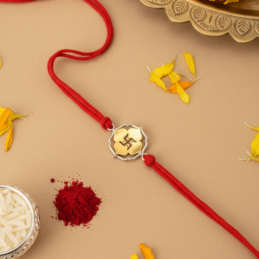 925 Silver Swastik Rakhi in Gold-Toned Lotus Frame - Zirak Silver
