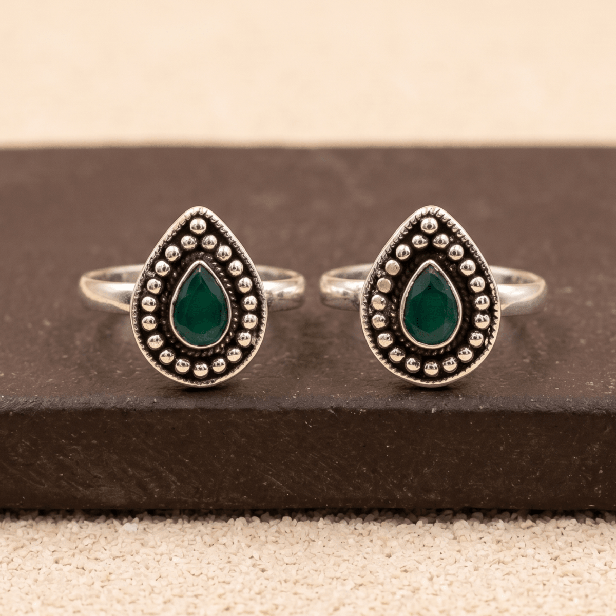 925 Silver Teardrop Green Stone Toe Rings – Adjustable Ethnic Foot Jewelry - Zirak Silver