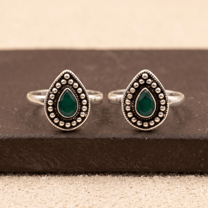 925 Silver Teardrop Green Stone Toe Rings – Adjustable Ethnic Foot Jewelry - Zirak Silver