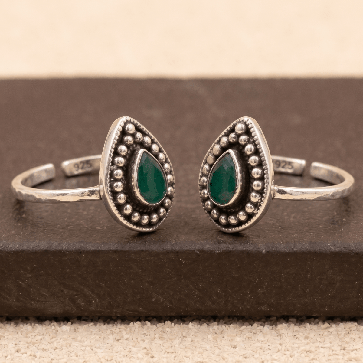 925 Silver Teardrop Green Stone Toe Rings – Adjustable Ethnic Foot Jewelry - Zirak Silver