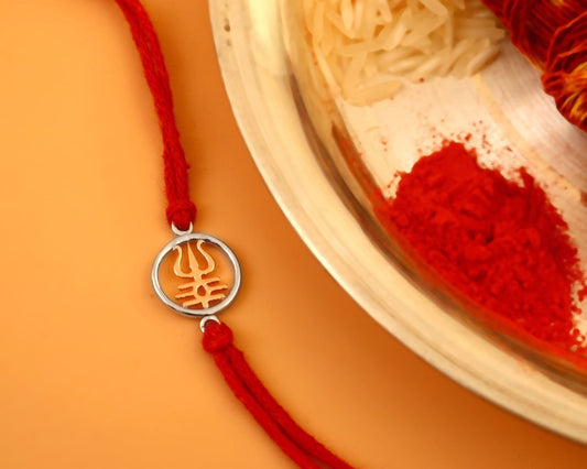 925 Silver Trishul Damru Rakhi with Red Thread - Zirak Silver