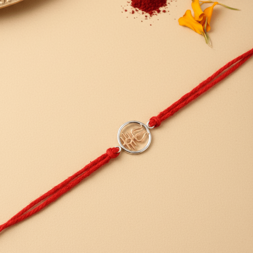 925 Silver Trishul Damru Rakhi with Red Thread - Zirak Silver