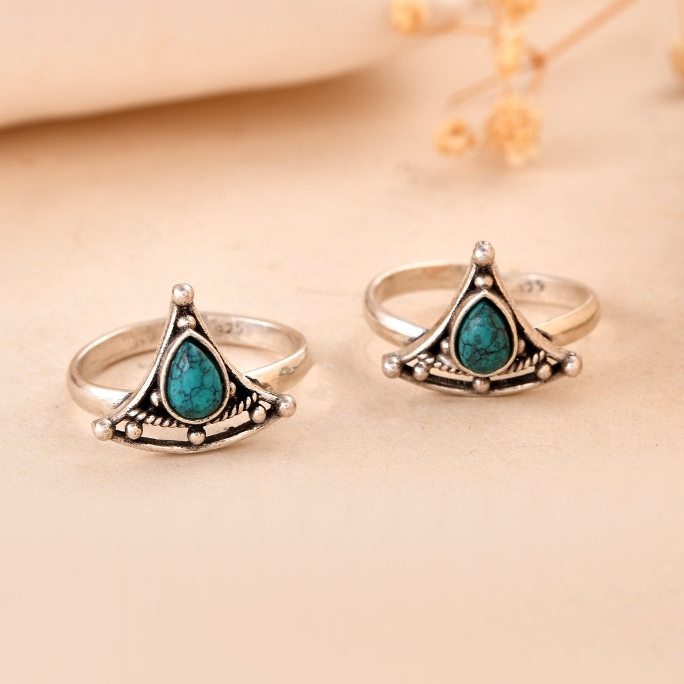 925 Silver Turquoise Stone Toe Rings – Tribal Design Adjustable Pair - Zirak Silver