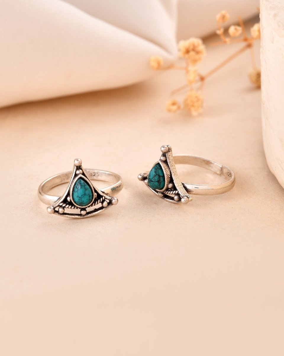 925 Silver Turquoise Stone Toe Rings – Tribal Design Adjustable Pair - Zirak Silver