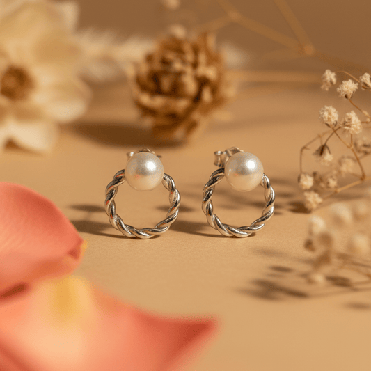 925 Silver Twisted Hoop Pearl Stud Earrings - Zirak Silver