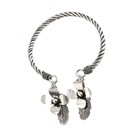 925 Silver Twisted Rope Bracelet with Flower & Feather Charms - Zirak Silver