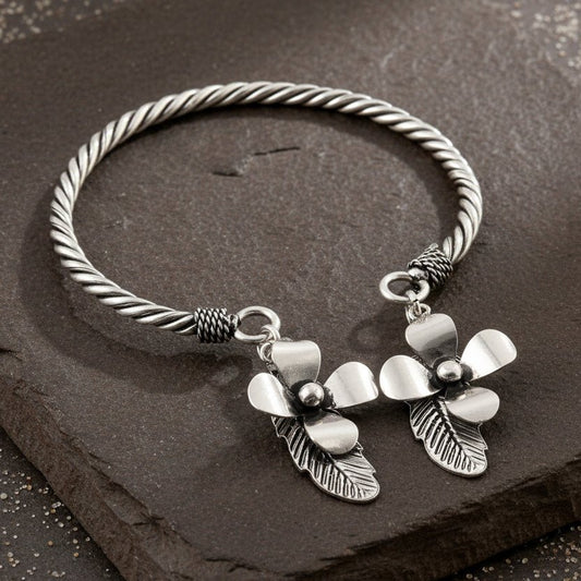 925 Silver Twisted Rope Bracelet with Flower & Feather Charms - Zirak Silver
