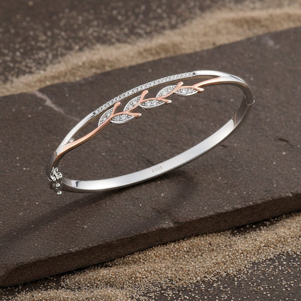 925 Silver Two - Tone Leaf Vine Bangle Bracelet with CZ Detailing - Zirak Silver