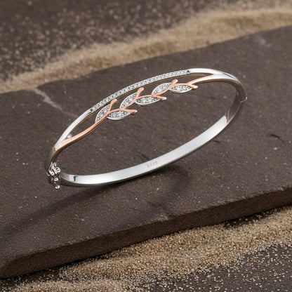 925 Silver Two - Tone Leaf Vine Bangle Bracelet with CZ Detailing - Zirak Silver