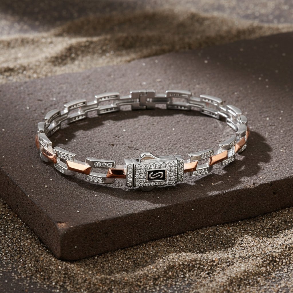 925 Silver Two - Tone Link Bracelet with CZ Detailing & Designer Clasp - Zirak Silver