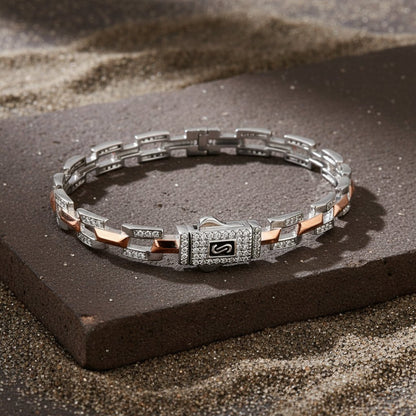 925 Silver Two - Tone Link Bracelet with CZ Detailing & Designer Clasp - Zirak Silver
