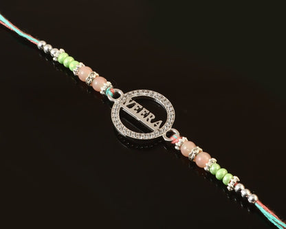 925 Silver Veera Rakhi | Designer Beaded Circle Rakhi for Brother | Peach & Mint Rakhi Thread - Zirak Silver