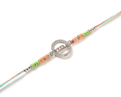 925 Silver Veera Rakhi | Designer Beaded Circle Rakhi for Brother | Peach & Mint Rakhi Thread - Zirak Silver