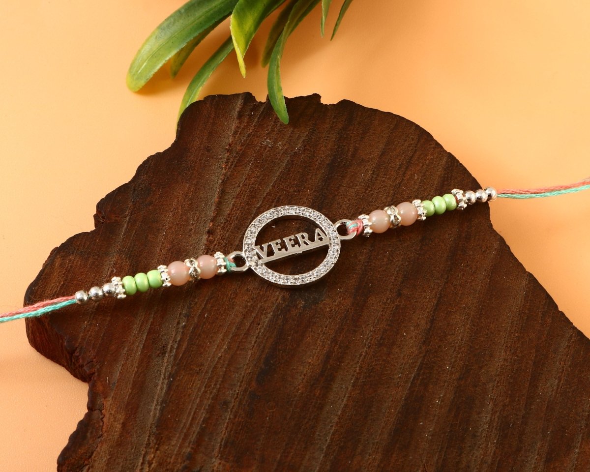 925 Silver Veera Rakhi | Designer Beaded Circle Rakhi for Brother | Peach & Mint Rakhi Thread - Zirak Silver
