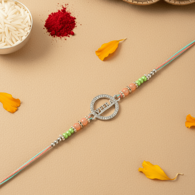 925 Silver Veera Rakhi | Designer Beaded Circle Rakhi for Brother | Peach & Mint Rakhi Thread - Zirak Silver