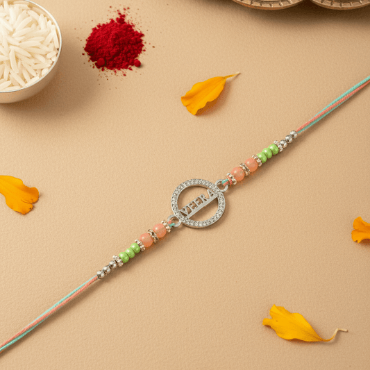 925 Silver Veera Rakhi | Designer Beaded Circle Rakhi for Brother | Peach & Mint Rakhi Thread - Zirak Silver