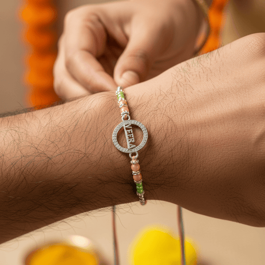 925 Silver Veera Rakhi | Designer Beaded Circle Rakhi for Brother | Peach & Mint Rakhi Thread - Zirak Silver