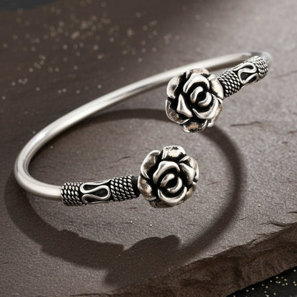 925 Silver Vintage Rose Floral Open Cuff Bangle - Zirak Silver