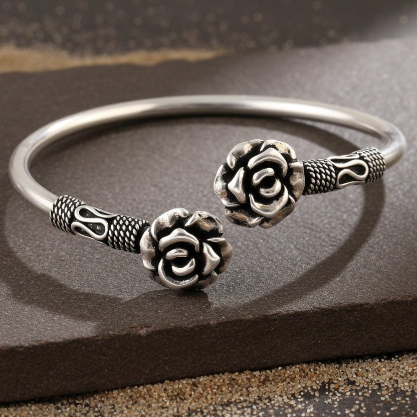 925 Silver Vintage Rose Floral Open Cuff Bangle - Zirak Silver