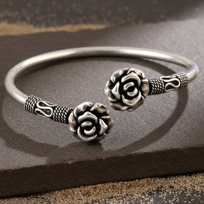 925 Silver Vintage Rose Floral Open Cuff Bangle - Zirak Silver