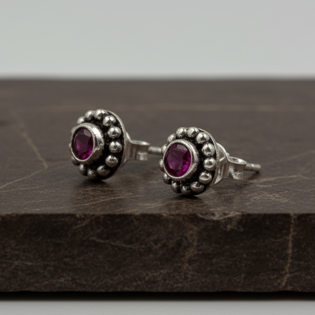 925 Silver Vintage Ruby Stud Earrings - Zirak Silver