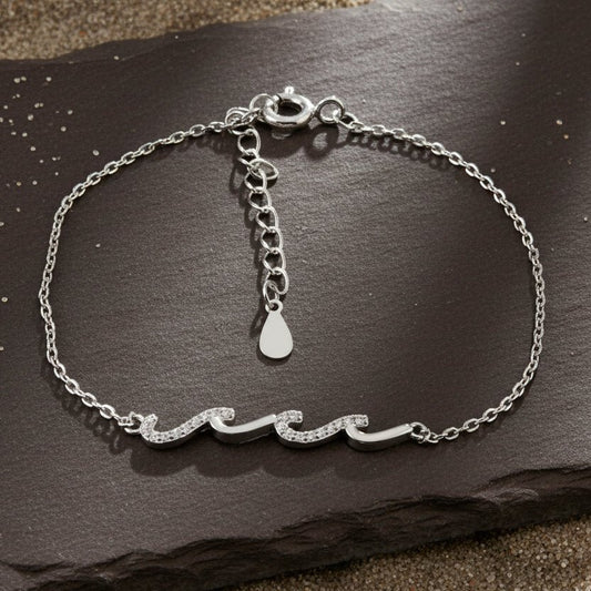 925 Silver Wave Curve Bracelet with CZ Accents - Zirak Silver