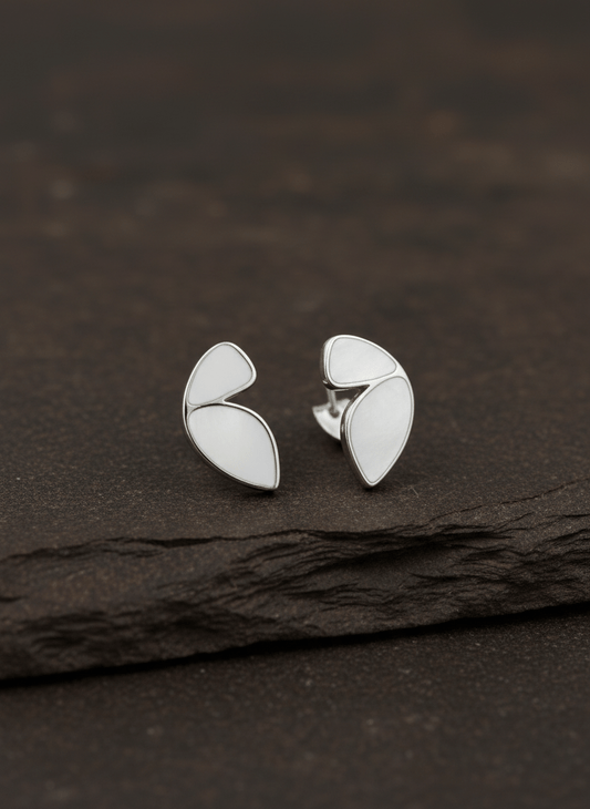 925 Silver White Enamel Leaf Stud Earrings - Zirak Silver