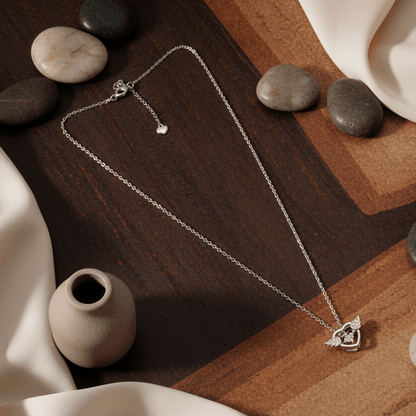 925 Silver Winged Heart Pendant Necklace with CZ Accent - Zirak Silver