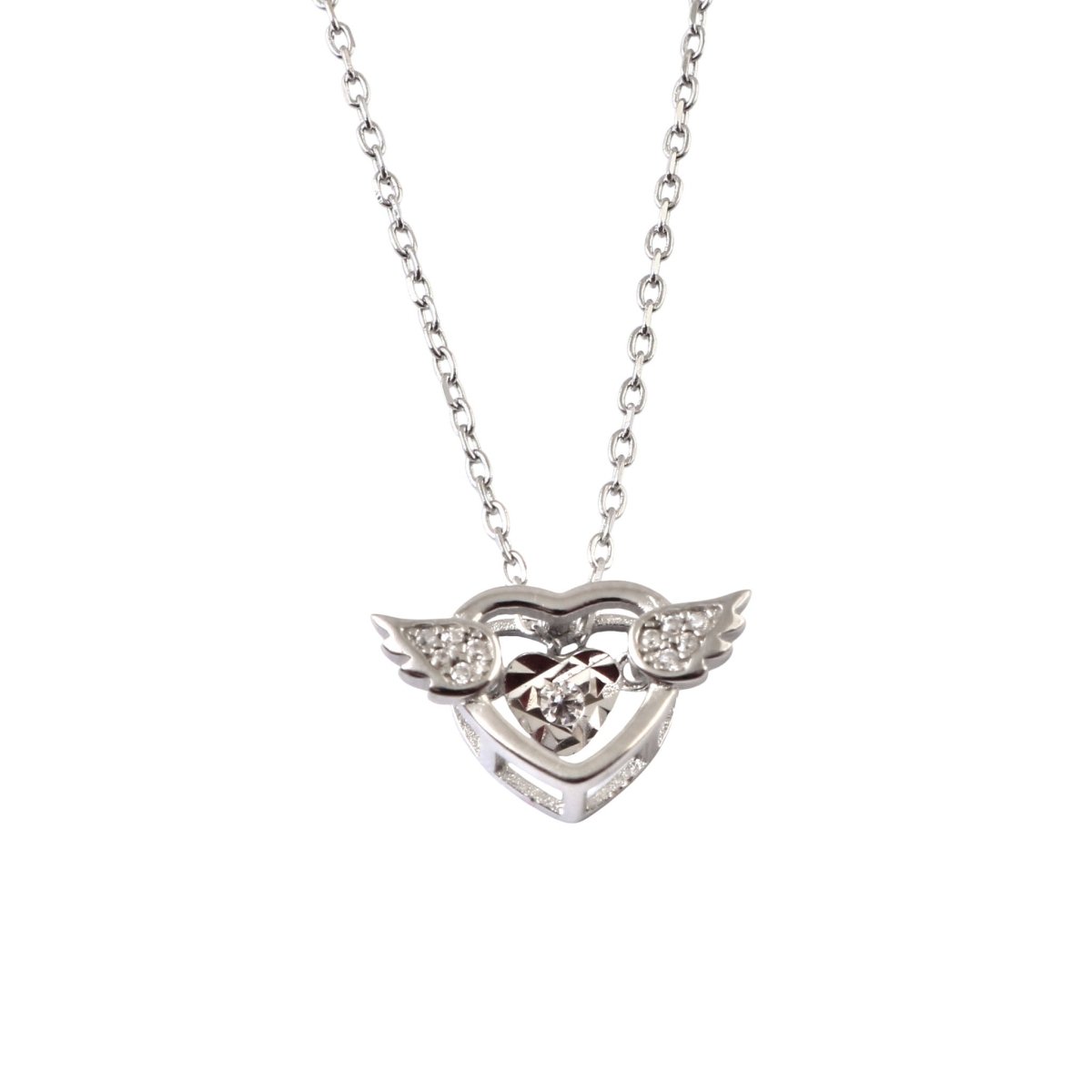 925 Silver Winged Heart Pendant Necklace with CZ Accent - Zirak Silver