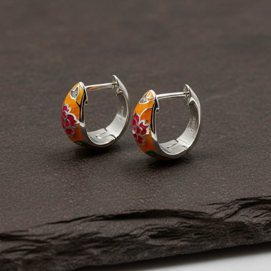 925 Silver Yellow Enamel Floral Hoop Earrings - Zirak Silver
