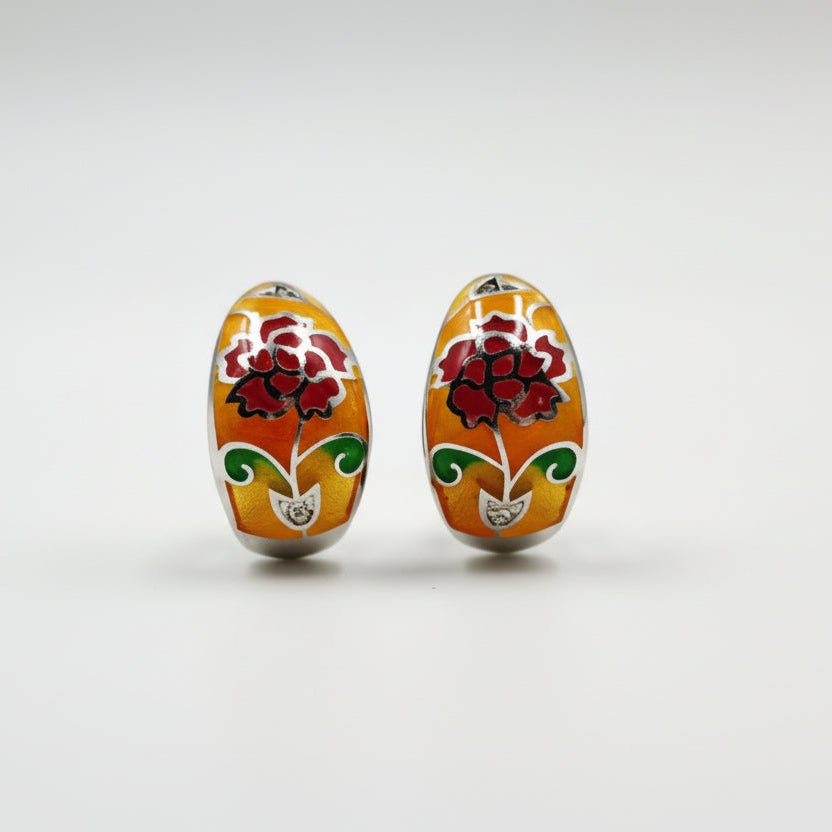925 Silver Yellow Enamel Floral Hoop Earrings - Zirak Silver