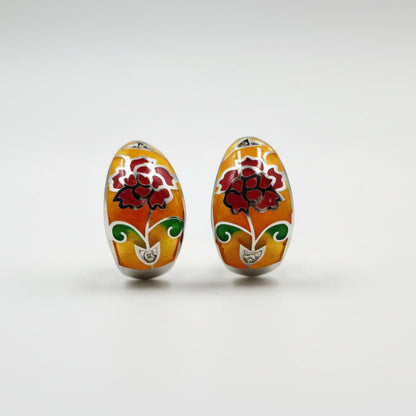 925 Silver Yellow Enamel Floral Hoop Earrings - Zirak Silver