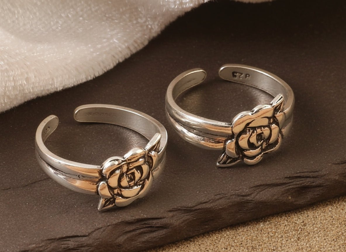 925 Sterling Silver Adjustable Rose Flower Toe Ring | Open Band Boho Floral Ring - Zirak Silver