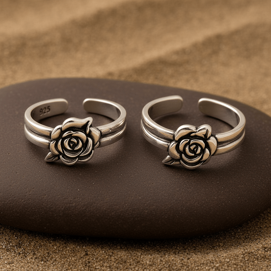 925 Sterling Silver Adjustable Rose Flower Toe Ring | Open Band Boho Floral Ring - Zirak Silver