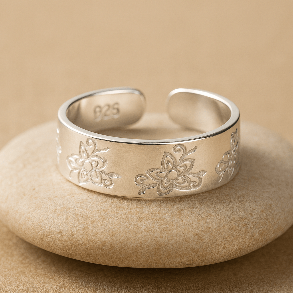 925 Sterling Silver Adjustable Toe Ring | Floral Engraved Wide Band Foot Jewelry | Handmade Boho Ethnic Style - Zirak Silver