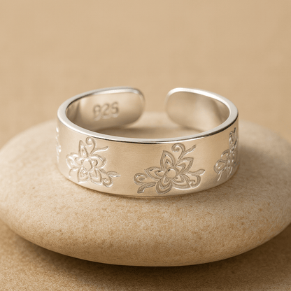 925 Sterling Silver Adjustable Toe Ring | Floral Engraved Wide Band Foot Jewelry | Handmade Boho Ethnic Style - Zirak Silver