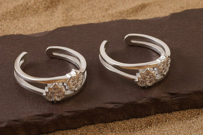 925 Sterling Silver Adjustable Toe Ring with Floral Design and Sparkling CZ Stones - Zirak Silver