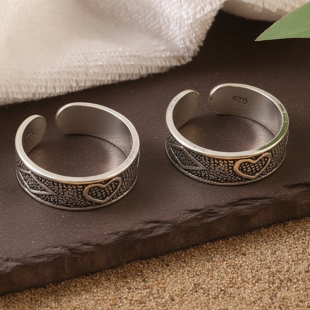 925 Sterling Silver Antique Heart Pattern Adjustable Toe Ring - Zirak Silver
