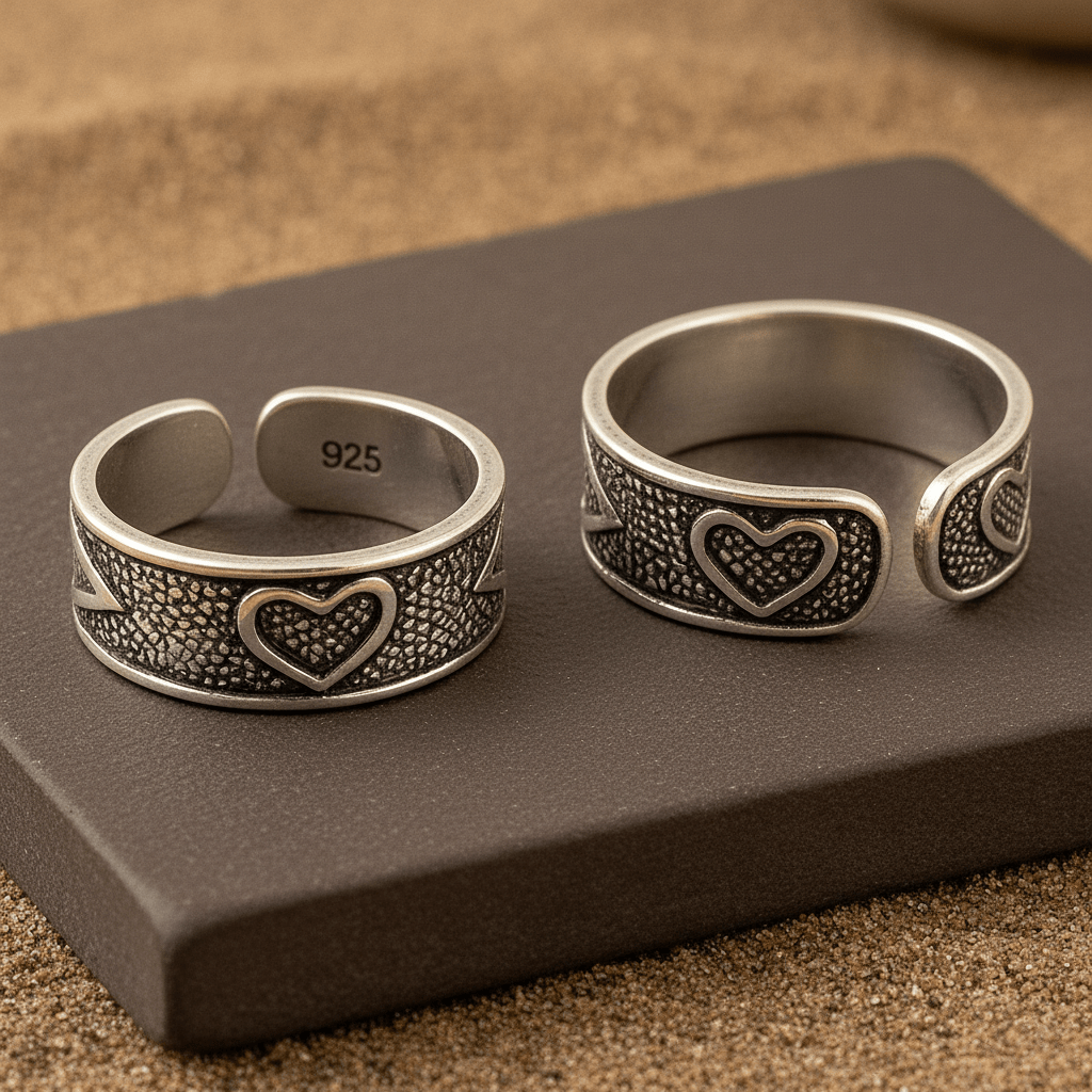 925 Sterling Silver Antique Heart Pattern Adjustable Toe Ring - Zirak Silver