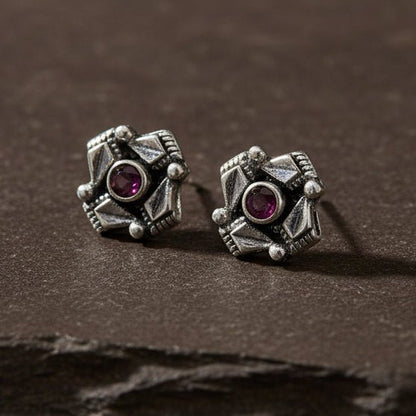 925 Sterling Silver Antique Ruby Stud Earrings - Zirak Silver