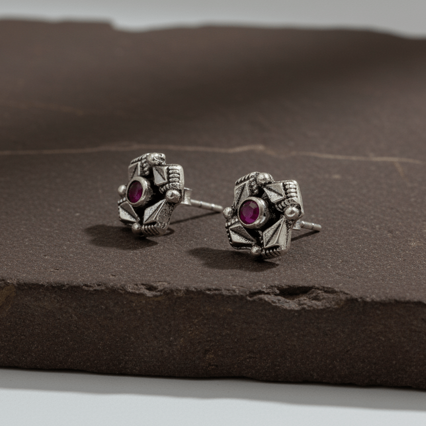 925 Sterling Silver Antique Ruby Stud Earrings - Zirak Silver