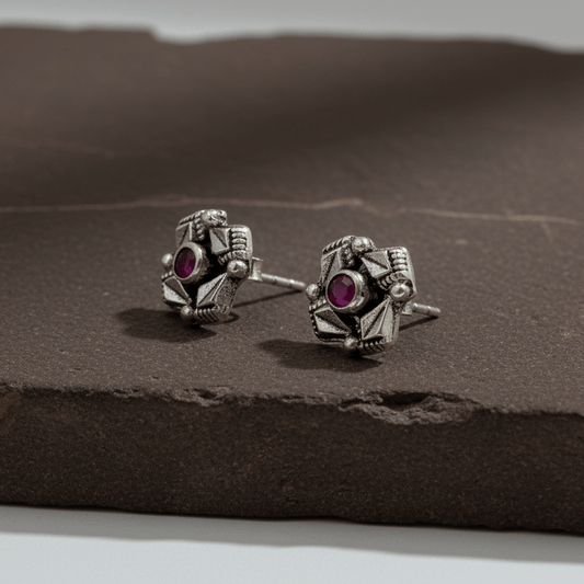 925 Sterling Silver Antique Ruby Stud Earrings - Zirak Silver